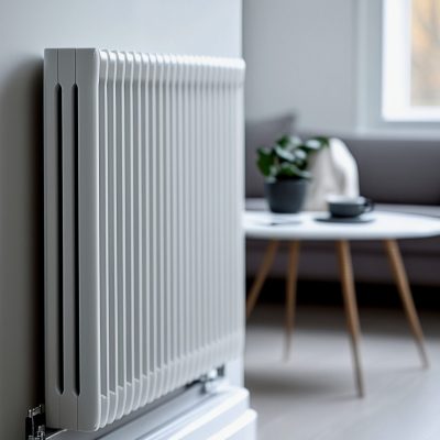 A photograph of a white radiator against a solid white background, highlighting the simple and clean design